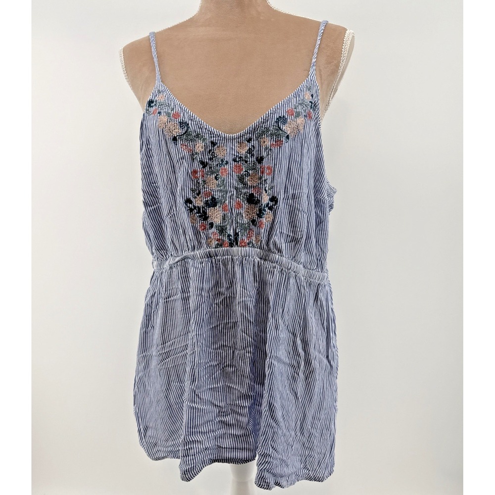 Torrid Womens 2 Blue White Striped Embroidered V-Neck Sleeveless Tank Top Summer